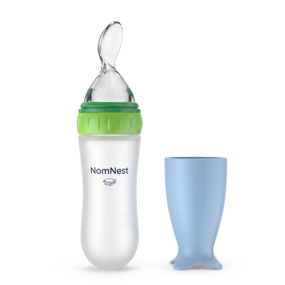 NomNest silicone squeeze baby feeder - green with blue cap cup