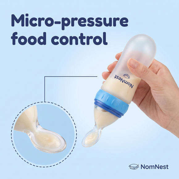 NomNest silicone squeeze baby feeder in use